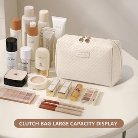 Cosmetic Bag Large Toiletry Bag Women's PU Leather Travel Makeup Bag Make Up Bag Waterproof Portable Makeup Bag Organiser with Zip (White Large), beige