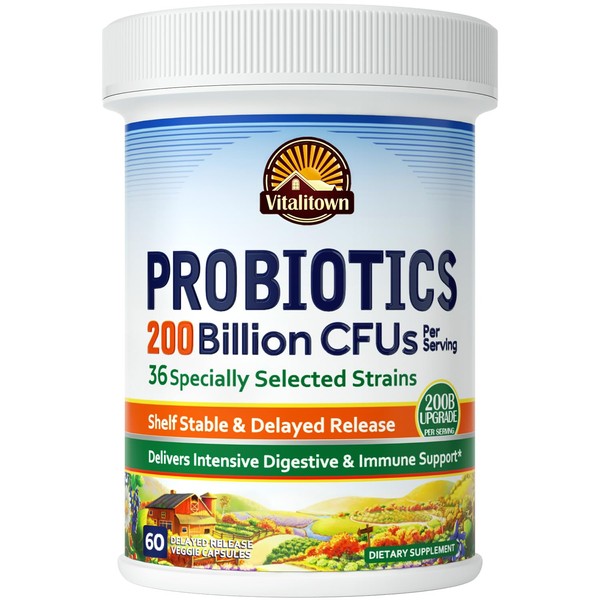 VITALITOWN Probiotics | 200 Billion CFUs 36 Strains | 60 ct | Shelf Stable, Acid & Bile Resistant | Replenish Good Cultures, Intensive Digestive & Immune Support | Vegan, Non-GMO, No Dairy