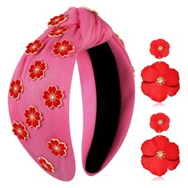 Floral Headband for Women Summer Headband Daisy Flower Knotted Headband Embellished Jeweled Rhinestone Headband Spring Summer Outfits Accessories Party Gifts (Pink 1)