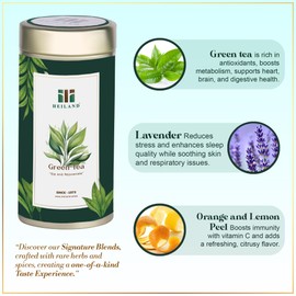 Heiland Premium Green Tea with Lavender & Orange Peel | Natural Herbal Blend for Relaxation & Wellness | Premium Loose Leaf, Non Caffeinated, Caffeine Free,Non GMO, Gluten Free | 100 gram