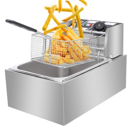 Electric Deep Fryer w/Basket & Lid, Countertop Kitchen Frying Machine, Stainless Steel French Fryer for Turkey, French Fries, Donuts and More (6L)
