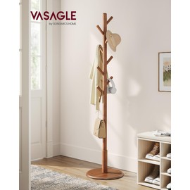 VASAGLE Solid Wood Coat Rack, Free Standing Hall Coat Tree with 8 Hooks, 3 Height Options, for Coats, Hats, Bags, Purses, for Entryway, Hallway, Rubberwood Hooks and Pole, Caramel Brown URCR009W01