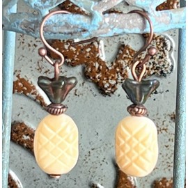 Etched Copper and Bead Pineapple Dangle Earrings Tropical Jewelry Earrings for Women #3298FE3000