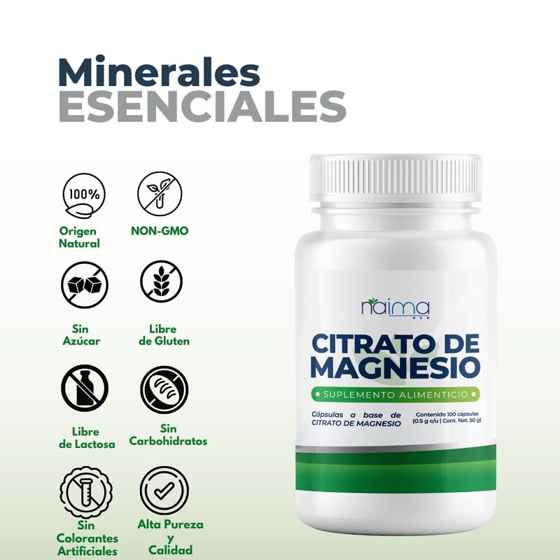 Citrato Magnesio 100 Capsulas 500 Mg - Suplemento Alimenticio -Natural