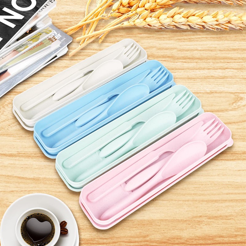 Reusable Travel Utensils Set with Case, 4 Sets Wheat Straw