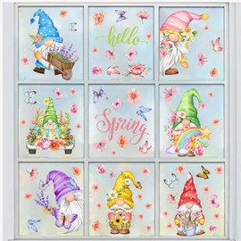 Vibrant Spring Gnome Window Clings for Glass Windows - 9 Sheets 68PCS Double-Sided Reusable Stickers, Easter Home Decor with Flowers, Rainbows & Butterflies (Easy Peel & Stick)