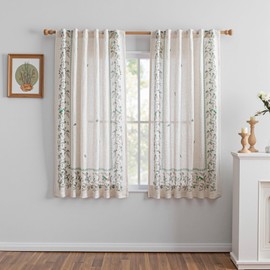 MYSKY HOME Boho Curtains for Bedroom 63 Inch Long Linen Look Semi Sheer Back Tab Drapes Leaf Bird Bohemian Style Texture Window Treatment for Living Room Decoration, 2 Pcs, Green, 50" Wide