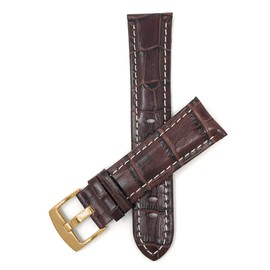 Bandini Extra Long (XL) 22mm Mens Italian Leather Watch Band Strap - Brown - White Stitch - Alligator Pattern - Gold Buckle