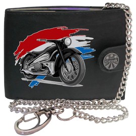 Biker Classic Vintage Motorbike Motorcycle Netherlands Flag Mens Chain Wallet Gift Box KLASSEK Brand Real Black Leather RFID Blocking with Coin Pocket