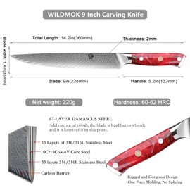 WILDMOK Carving Knife 9 inch, Damascus Professional Slicing slicing, Full Tang Resin Handle carving knives, Ergonomic Triple Rivet, Razor Sharp Lightweight Multipurpose brisket knife