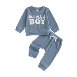 Baby Boy Fall Clothes Set Long Sleeve Crewneck Sweatshirts Pants Infant Newborn Waffle Outfits 6 12 18 24 Months 2T (Mama Boy Blue, 18-24 Months)