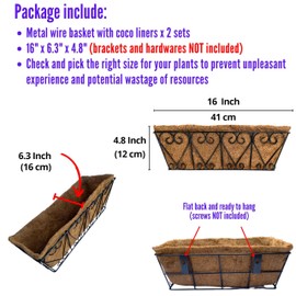 LaLaGreen Wall Planters - 2 Pack, 16 Inch Window Flower Boxes Outdoor, Deck Railing Hanging Metal Wire Basket Black with Coco Liners Horse Troughs Fence Balcony Garden Farmhouse Patio Porch Over Rail