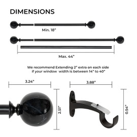 Deco Window Adjustable Curtain Rod for Windows 18 to 44 Inch Extendable Heavy Duty 3/4 Inch Iron Drapery Pole with Marble Ball Finials Wall Mounted French Door Curtain Rods (Pack of 1, Black)