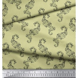 Soimoi Beige Cotton Duck Fabric Black Sketch Floral & Paisley Printed Fabric 1 Yard 42 Inch Wide