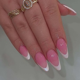 Almond Press On Nails Medium Fake Nails French Tip False Nails With Glitter Design Pink Acrylic Nails Artificial Nails Glossy Glue On Nails Full Cover Stick On Nails For Women Manicure 24pcs