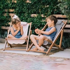 Children’s Vintage Sun Lounger Sling Chair | Wooden Frame with Canvas Fabric | Outdoor Folding Deck Chair for Kids Ages 5+ | Portable & Lightweight for Backyard, Poolside, or Beach (Tropical Bloom)