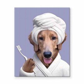 Bathroom Canvas Wall Art Decor Framed Painting - Funny Golden Retriever Brushing Teeth Canvas Art, Dog Bathroom Artwork, Humorous Pet Artwork for Restroom Decor, Picture Print 11X14 inch