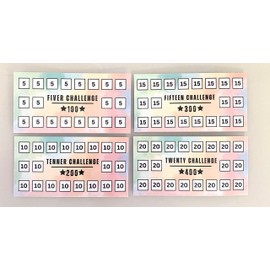 5,10,15,20!MONEY WALLET Cards- sticker- laminated-reusable Savings challenge. Save money. Beginners cash stuffing DEBT tracker (220gsm Card, All 4)