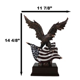 Ebros Large 14.5" Tall Wings of Glory Broad Winged Bald Eagle Perching On Star Spangled Banner American Flag Trophy Statue Bronze Electroplated Resin Figurine With Base USA Patriotic Home Office Decor