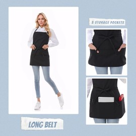 Waterproof Aprons for Women with 3 Large Pockets, Short Kitchen Apron for Men Cooking BBQ Grilling, Syzornk Adjustable Bib Apron with Ultra-Long Belt, Black 2 Pack