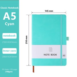 A5 Notebook, 2 Pack Notebook A5 200 Pages 100 GSM Journal Notebook Hardback Notepad with Bookmark, Pen Loop, and Elastic Closure (Black+Cyan)