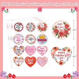 Hoblynth 48PCS Happy Mother's Day Stickers 1.5" Floral Mothers Day Gift Tags Stickers Best Mom Labels Present Sticker for Envelope Seal Cards Boxes Gift Wrap Mothers Day Party Favors Decorations