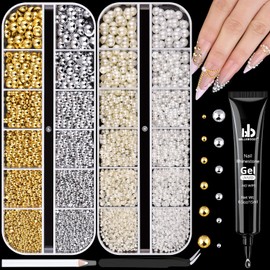 Flatback Nail Pearls Gems and Glue, Small Half Round Silver and Gold Nail Charms Beads and White Beige Pearls for Nails with Pickup Tools, Pearl Nail Charms Rhinestones for Crafting Face Manicure DIY