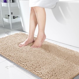 Yimobra Bathroom Rugs, 44'' x 24'', Extra Soft Chenille Bath Rugs, Non-Slip, Water Absorbent, Thick Floor Mat with Machine Washable, Plush Microfiber Shaggy Rugs for Shower Bathtubs, Light Brown