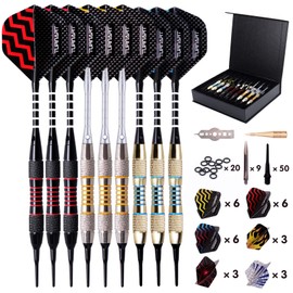 Turnart Darts Plastic Tip - Professional Soft Tip Darts Set for Electronic Dartboard 9 Pcs 18 Grams with 50 Extra Tips 9 Shafts 27 Flights Tool Kit Flight Protectors and Gift Darts Case (Gold)