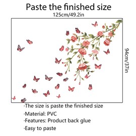WOHAHA Red Flower Wall Sticker Fluttering Butterfly Wall Decals Blossom Floral Plant Wall Decor Wallpaper Peel and Stick Removable Waterproof PVC Murals Living Room Girls Bedroom Wall Art Decorations
