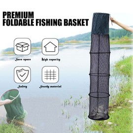 WEISGJA Cesta de jaula de pesca, cestas plegables de nailon, red de pesca con tornillo de anclaje, para pececillos, cangrejo, camarones, cangrejo, cangrejo, cangrejo, negro (60 x 13 pulgadas)