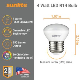 Sunlite LED R14 Mini Reflector Floodlight Light Bulb, 4 Watts (25W Equivalent), 250 Lumens, Medium (E26) Base, Dimmable, ETL Listed, 2700K Warm White, 3 Count