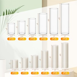 Shihanee Set of 12 Pillar Candles and Glass Cylinder Vases Assorted Sizes Clear Cylinder Holders for Pillar Candles Home Table Centerpieces Wedding Party Decorations (Multiple Sizes,Ivory)