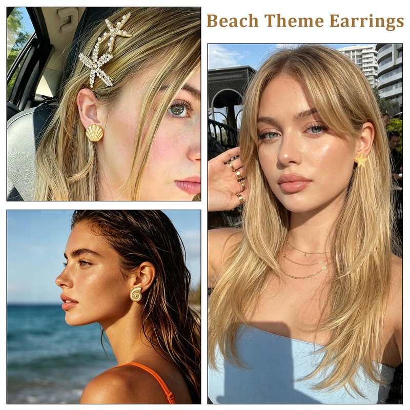 3Pcs 14K Gold Plated Ocean Stud Earrings Set - Seashell,