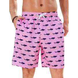 Enlision Mens Swim Trunks Pink Shark Print Beach Shorts with Pockets Mesh Liner Quick Dry Swimming Shorts Tropical Bathing Suits for Men Holiday Party