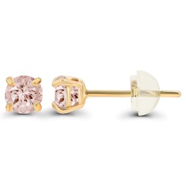 Genuine 14K Solid Yellow Gold 3mm Round Natural Peach Morganite Birthstone Stud Earrings For Women