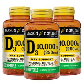 MASON NATURAL Vitamin D3 250 mcg (10000 IU) - Supports Overall Health, Strengthens Bones and Muscles, from Corn Oil, 30 Softgels (Pack of 3)