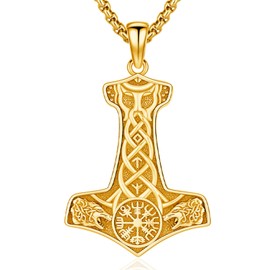 AUDINCEED 18K Gold Thors Hammer Necklace Viking Thor's Hammer Pendant 925 Sterling Silver Viking Mjolnir Necklace Celtic Nordic Mjolnir Amulet Jewelry for Men Women