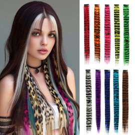 10pcs/pack Synthetic Leopard print hair extension Clip in Feather Hair 18inch Long Straight Colorful striped Hairpieces Halloween Party Cosplay Y2K Use for Women Girls
