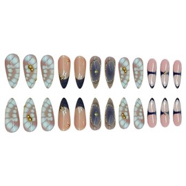 Handmade Press on Nails Medium Almond Fake Nails with Rhinestones Crocodile Design Blue French Tips False Nails Glossy Ombre Stick on Nails Summer Full Cover Star Nails for Women Girls Manicure 24Pcs