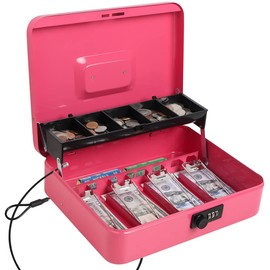 Parrency Cash Box with Combination Lock,Metal Cash Box with Money Tray，Lock Box Safe Storage Security Locker with Security Cable,Pink
