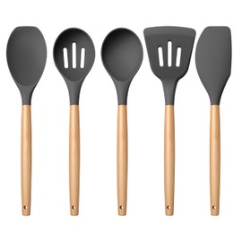 E-far Silicone Cooking Utensils Set, 5-Piece Kitchen Utensils Set with Wooden Handle for Cooking, Silicone Kitchen Nonstick Tools Spatula Turner Slotted Spoons, Nontoxic & Heat Resistant-Gray
