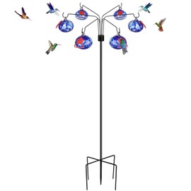 Pozfun Decorative Hummingbird Feeders for Outdoors Hand-Blown Glass Hummingbird Feeders Stand 6 Feeding Stations Never Leak Garden Decor Backyard,Gifts for Women Mom (Dotted Blue)