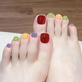 Vezocim Colorful False Toenails Sets, Press on Toenails Coffin with Rainbow Designs, Full Cover Artificial Acrylic Fake Nails for Toe, Glue on Toenails with Charm, Stick on Toe Nails for Women