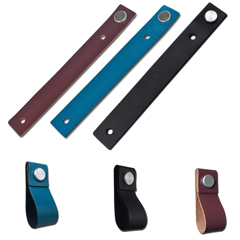 POFET 5pcs Handmade Leather Cabinet Door Handle Pulls Knob Dresser