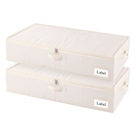 Yawinhe Underbed Bags, Underbed Storage Container Bags with Lid, Foldable Blanket Storage Bags, with Sturdy Zipper und Label Holders, for Clothing, 23.6''Lx11.8''Wx6''H, 2 Pack, Beige