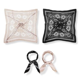 FINELYCR Pack of 2 Silk Scarves, Square Scarves, Versatile Imitation Silk Scarf, 70 x 70 cm Headscarves for Women, Black and Camel, for Gifting, Decorating, black