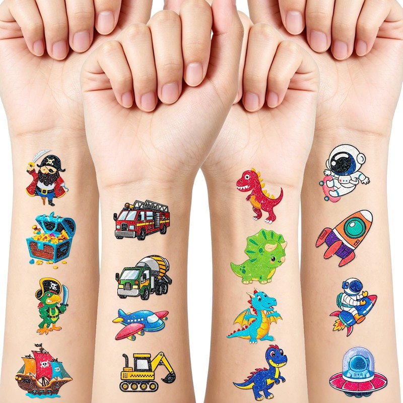Habett Glitter Temporary Tattoos for Kids, 144PCS Mixed Styles Pre-Cut