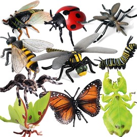 Gemini & Genius Bug Toys, Realistic Animals, Insect Figurine Set, Cicada, Ladybird, Mosquito, Bee, Dragonfly, Caterpillar, Spider, Butterfly, Phyllium, Samia Cynthia. Animal Toy Gifts for Kids (10Pcs)