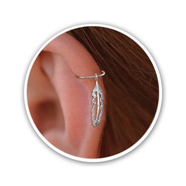 Silver Cartilage Earring - 925 Silver Feather Helix Ring - 20G 8mm Piercing Hoop